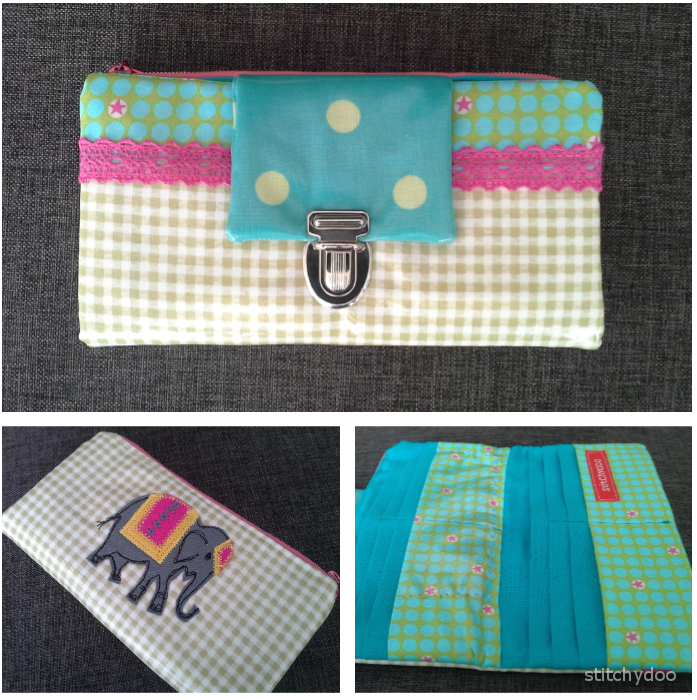 Genähte Geldbörse / Portemonnaie aus Wachstuch mit Elefant-Applikation a la "Malen mit der Nähmaschine" | Sewn wallet made of laminated cotton (oilcloth) with an elephant free motion applique