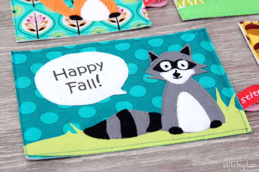 stitchydoo: Stoffkartentausch | Meine genähten Karten im Oktober - Waschbär, Happy Fall!