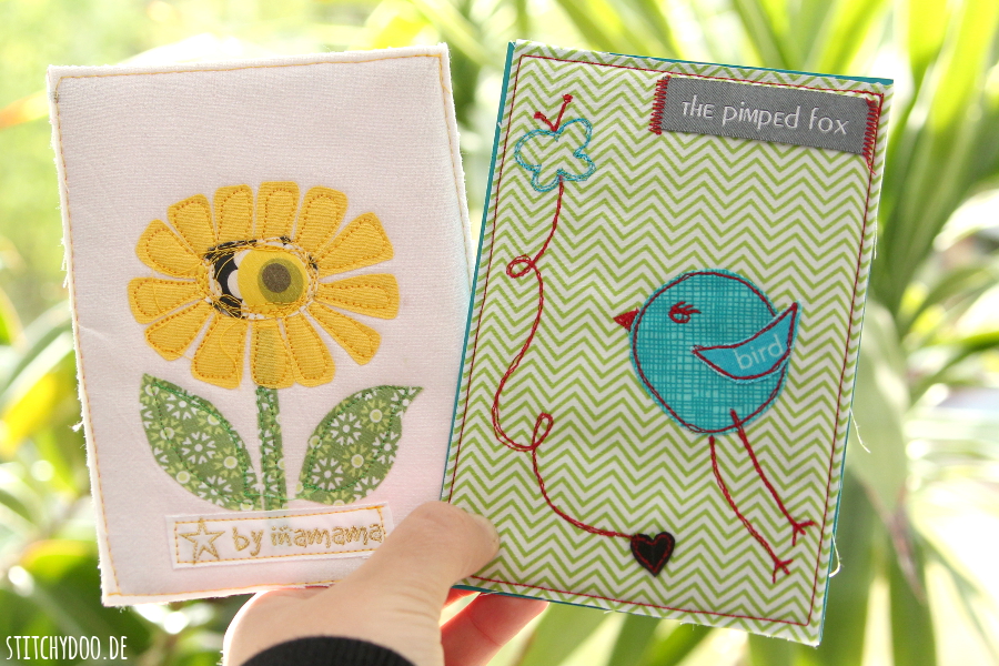 Stoffkartentausch 2015 | Diese Frühlingsboten brachte der April - Blume von Ina und Vögelchen von Uli