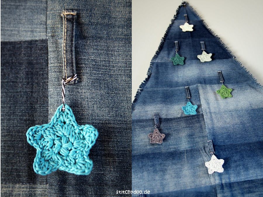 stitchydoo: Jeans-Recycling Weihnachtsbaum - Denimtanne mit Häkelsternen als Anhänger