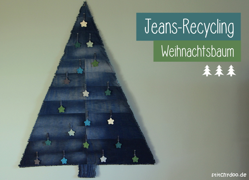 stitchydoo: Jeans-Recycling Weihnachtsbaum - Denimtanne mit Häkelsternen als Anhänger