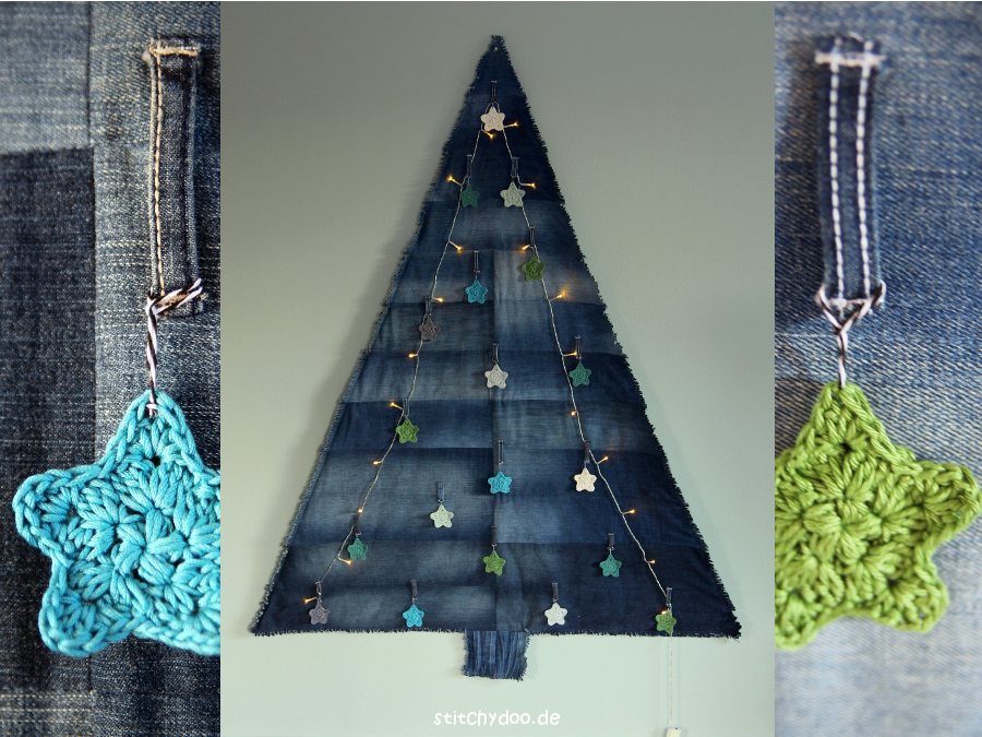 stitchydoo: Jeans-Recycling Weihnachtsbaum - Denimtanne mit Häkelsternen als Anhänger