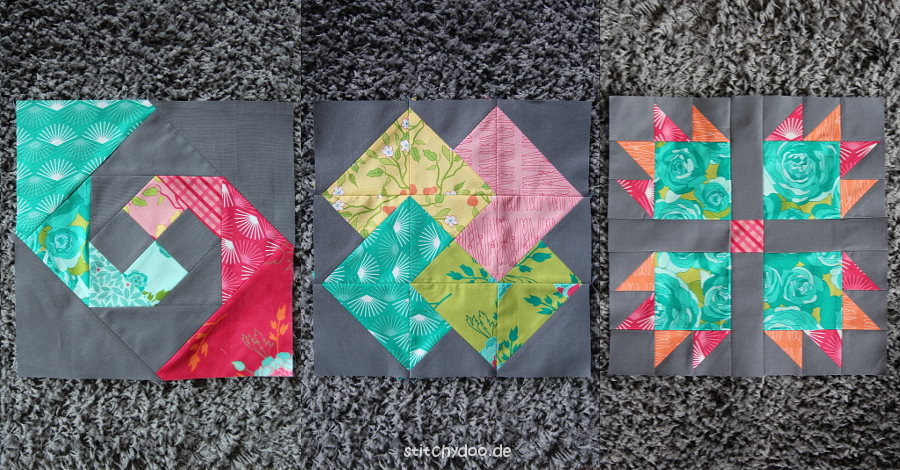 stitchydoo: 6 Köpfe - 12 Blöcke Quilt Along - Snail's Trail, Card Trick und Bears Paw Patchwork Blöcke