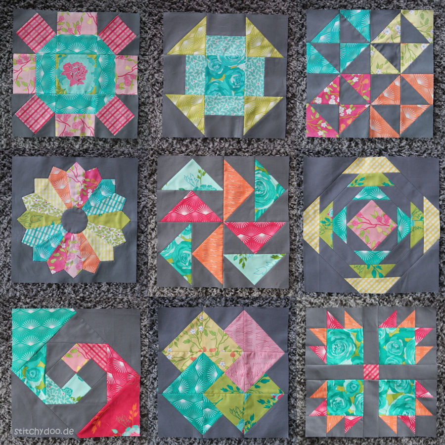 stitchydoo: 6 Köpfe - 12 Blöcke Quilt Along - Alle neun Patchworkblöcke des Sampler Quilts m Oktober